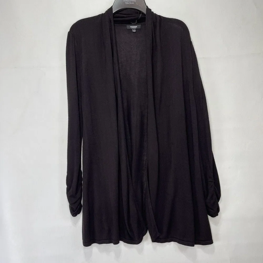 Premise Studio Women Cardigan L Brown Open Ruched Sleeve Cardigan Sweater